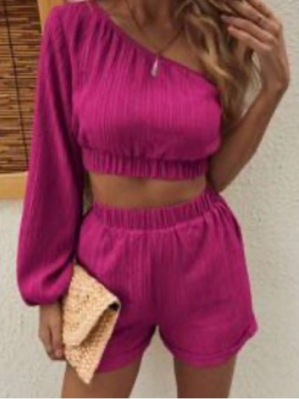 Beautiful Magenta One-Shoulder Crop Top and Shorts Set.